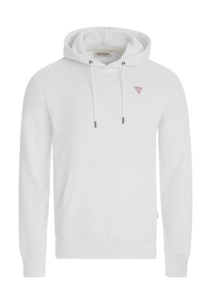 Biela mikina vyrobená z bavlneného zmesi s prednou kengurou vreckom, šnúrkami a malým červeným logom na hrudi.