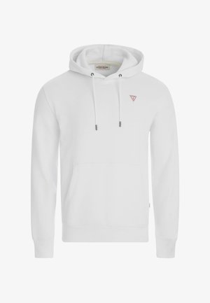 Fehér, pamut keverék anyagból készült kapucnis pulóver, elöl kenguruzsebbel, zsinórral és egy kis piros logóval a mellkasán.