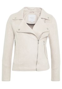 Jasnobeżowa kurtka z ekologicznego zamszu z ukośnym zamkiem błyskawicznym, kołnierzem na zatrzask oraz bocznymi kieszeniami. Charakteryzuje się dopasowanym krojem i minimalistycznymi detalami.