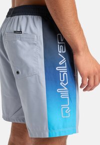 Šedé plavky s modrým gradientným pruhom, s bielym logom. Vyrobené z ľahkej tkaniny, so zadnou vreckom a elastickým pásom.