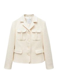 Cremefarbige Jacke aus strukturiertem Stoff, mit Kragen, vier Vordertaschen und Knopfverschluss mit runden Knöpfen.