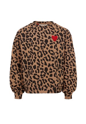 Bruine sweatshirt met zwarte luipaardprint en een klein rood hartje op de linker borst, met lange mouwen en geribbelde manchetten en zoom.