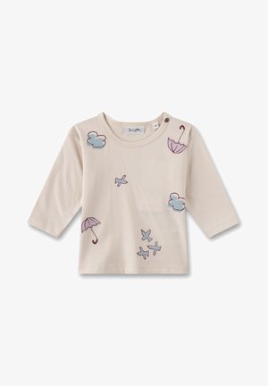 Beige langärmliges T-Shirt aus weicher Baumwolle, mit bunten Drucken von Wolken, Regenschirmen und Flugzeugen. Druckknopfdetail an der Schulter.
