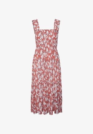 Sukienka midi bez rękawów z szerokimi ramiączkami, marszczonym gorsetem, warstwową spódnicą i abstrakcyjnym wzorem w koralowo-białych kolorach.