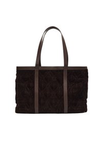Brun quiltet stof tote bag med glatte brune læderhåndtag. Har diamantmønsterdesign og rummelig indvendig.