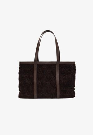 Brown quilted fabric tote bag with smooth brown leather handles. Features diamond pattern design and spacious interior.