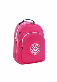 Zaino rosa con tessuto testurizzato, dotato di una grande tasca frontale, cerniere bianche e un logo circolare con un design a stella.