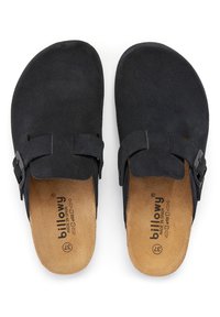 Sandales à enfiler en suède noir avec semelle plate, deux sangles ajustables avec boucles noires et semelle intérieure rembourrée beige. Taille 37.