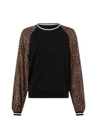 Zwarte sweater met mouwsleeves in luipaardprint; heeft een ronde hals met witte rand en elastische manchetten met zwart-witte strepen.