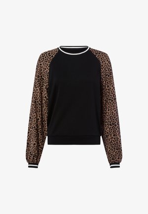 Czarna bluza z nadrukiem w panterę na rękawach; posiada okrągły dekolt z białym wykończeniem oraz elastyczne mankiety w czarne i białe paski.