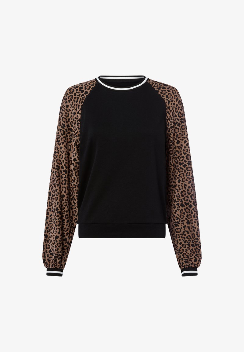 Zwarte sweater met mouwsleeves in luipaardprint; heeft een ronde hals met witte rand en elastische manchetten met zwart-witte strepen.