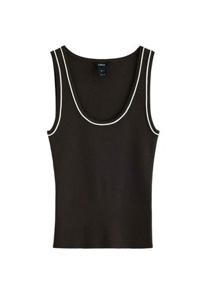 Sort ærmeløs tanktop i et glat, elastisk stof med hvid kontrastkant langs halsudskæringen og ærmegab, med rund hals.
