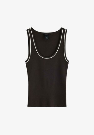 Sort ærmeløs tanktop i et glat, elastisk stof med hvid kontrastkant langs halsudskæringen og ærmegab, med rund hals.