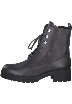 Black leather ankle boots featuring a round toe, lacing system with metal eyelets, and a textured finish. Chunky rubber sole for traction.
