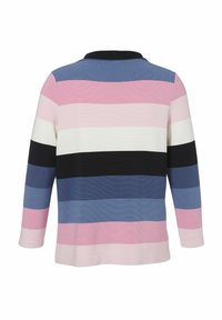 Sweater met lange mouwen met horizontale strepen in roze, marineblauw, lichtblauw, zwart en wit. Geribbelde textuur met een ronde hals.