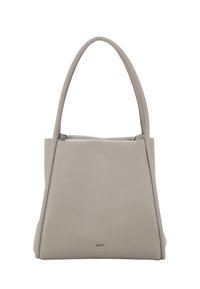 Graue Lederhandtasche mit klarer, strukturierter Form, zwei langen Henkeln und Reißverschluss. Verfügt über eine glatte Oberfläche und minimalistische Markenakzente.