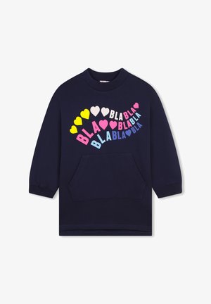 Marineblauwe sweatshirt met lange mouwen, ronde hals, voorzak en een kleurrijk ontwerp met harten en tekst in verschillende levendige kleuren.