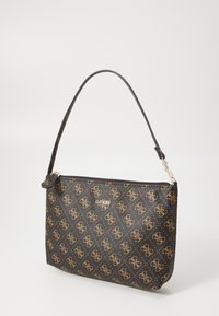 Black shoulder bag made of patterned synthetic material featuring a gold logo and a zip closure. Long, thin handle attached.