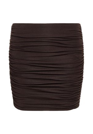Čierna mini sukňa s horizontálnym riasením a zhlukovanou textúrou látky, priliehavý strih, bez ďalších vzorov alebo ozdôb.