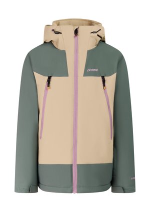 Persoon met een groene en beige jas, roze broek, paars-wit gestreepte muts, beige wanten en zwarte laarzen, staand tegen een effen achtergrond.