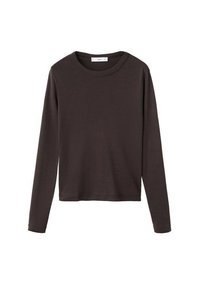 Hnedé tričko s dlhým rukávom, okrúhlym výstrihom a hladkým, elastickým bavlneným materiálom; má voľný strih a jednoduchý dizajn.