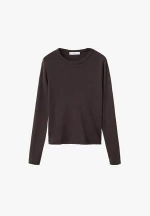 Bruine langwerpige t-shirt met een ronde halslijn en een gladde, rekbare katoenen stof; heeft een relaxed fit en een eenvoudig ontwerp.