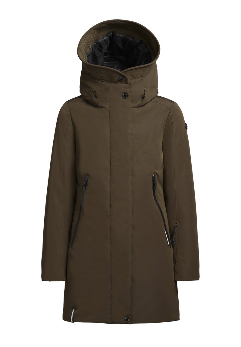 Chaqueta de exterior verde oliva con una gran capucha, bolsillos laterales con cremallera y una tela suave y resistente al agua.