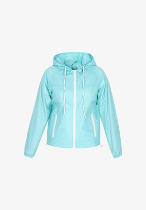 Viegls, ar kapuci, jaka aqua zils krāsā, ar baltu rāvējslēdzēju un auklām, divām priekšējām kabatām ar rāvējslēdzēju un elastīgām aprocēm.