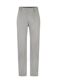 Ljust grå byxor, tillverkade av ett mjukt tyg, med knäppning, bältesöljer och raka ben. Inga synliga mönster eller detaljer.