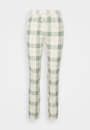 Cotton plaid pants in cream, featuring green and light pink lines, an elastic waistband with drawstring, and tapered leg design.
