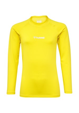 Langrock met lange mouwen in felgeel, gemaakt van een gladde, rekbare stof. Heeft een ronde halslijn en een klein wit logo op de voorkant.