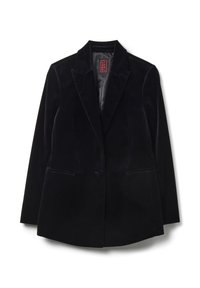 Blazer in velluto nero con chiusura a un bottone, revers a punta e due tasche frontali. Texture liscia e forma sartoriale.