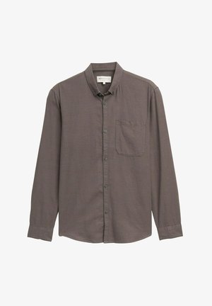 Heren overhemd met lange mouwen in donkergrijze stof, voorzien van een button-down kraag, een borstzak en donkere knopen; met een gestructureerde afwerking.