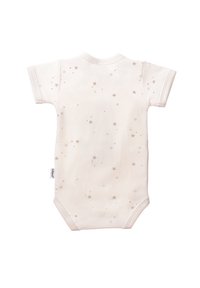 Kurzärmliger, cremefarbener Baby-Body mit einem verstreuten Sternenmuster. Weicher Stoff, runder Halsausschnitt und Druckknopfverschluss im unteren Bereich.