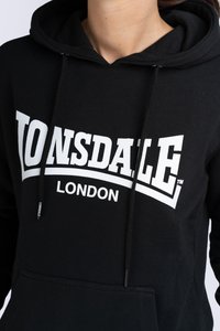 Black hooded sweatshirt made of soft fabric, featuring a white "LONSDALE LONDON" logo across the chest and a front kangaroo pocket.