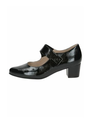Black patent leather Mary Jane shoes with a rounded toe, strap across the instep, and a low block heel. Smooth finish and simple design.