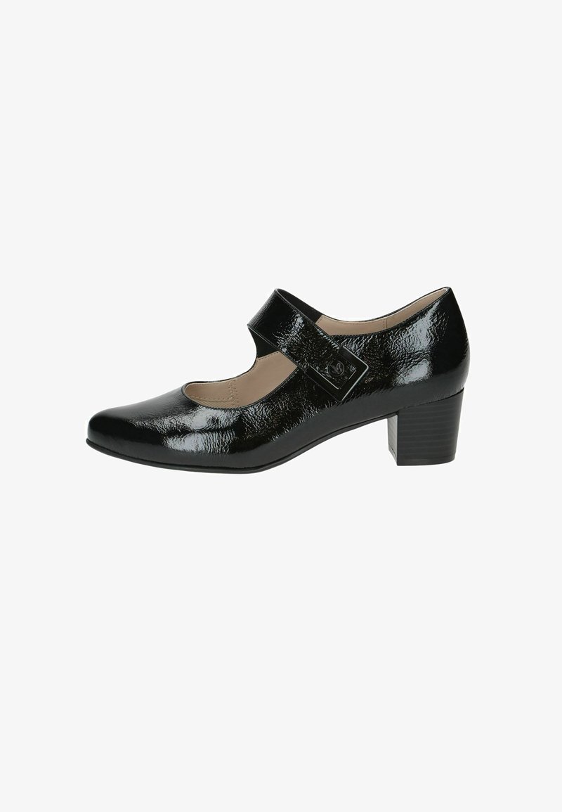 Scarpe Mary Jane in pelle verniciata nera con punta tonda, cinturino sopra il piede e tacco basso a blocco. Finitura liscia e design semplice.