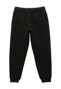 Sorte sweats og lavet af tekstureret stof; elastisk talje med justerbare snore, sidelommer og tætsiddende håndled.