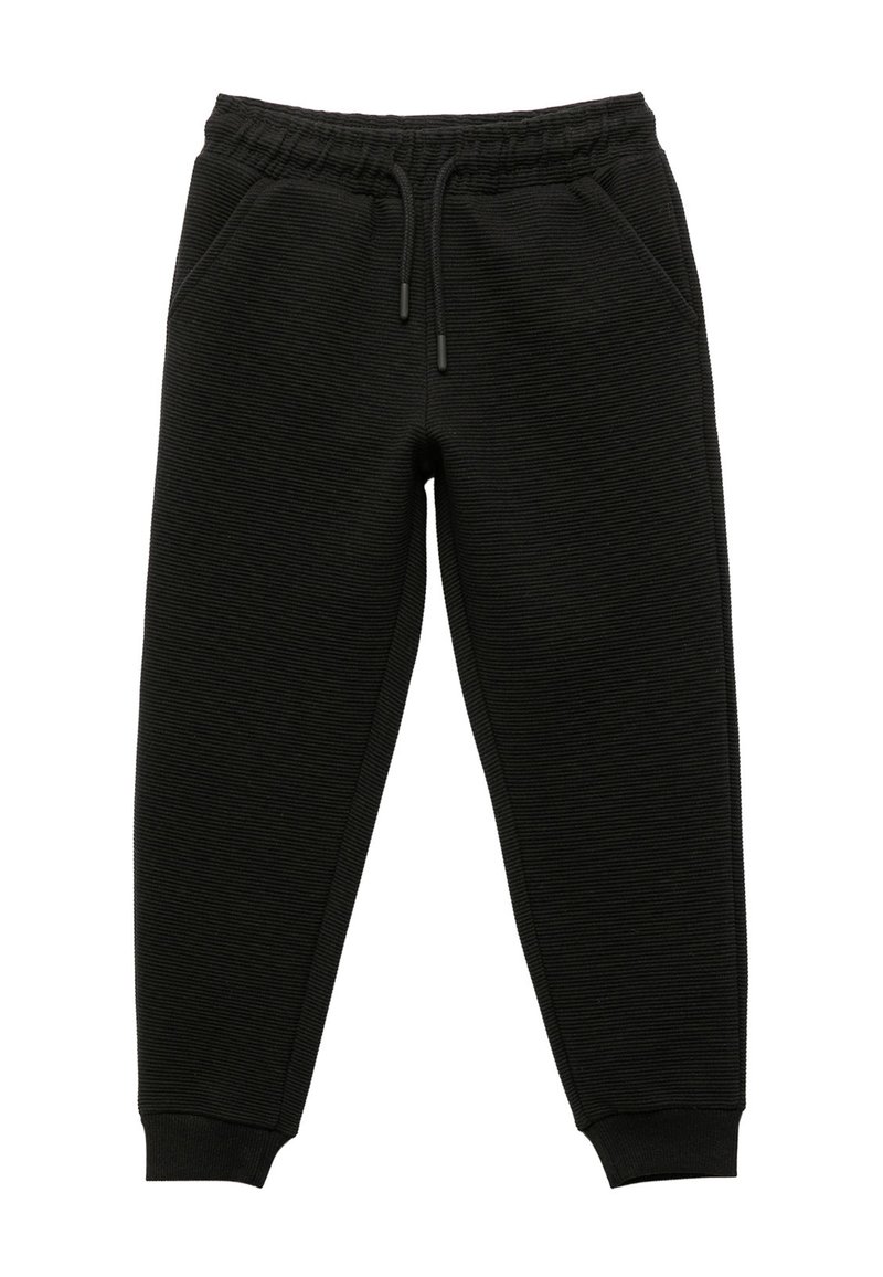 Sorte sweats og lavet af tekstureret stof; elastisk talje med justerbare snore, sidelommer og tætsiddende håndled.