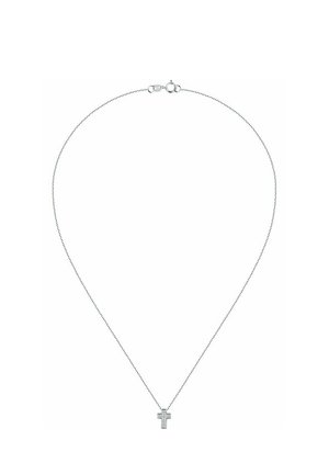 Silberne Halskette mit einer filigranen Kette und einem kleinen Kreuzanhänger, der mit klaren Steinen verziert ist und eine glatte, polierte Oberfläche aufweist.