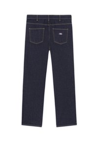 Dark blue denim jeans with a straight cut, five pockets, and contrasting yellow stitching. Features a logo patch on the back pocket.