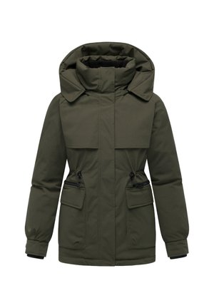 Olivenfarbene isolierte Jacke mit Kapuze, die über zwei Reißverschlusstaschen vorne und verstellbare Zugbänder an der Taille verfügt. Flaches Kragen-Design.