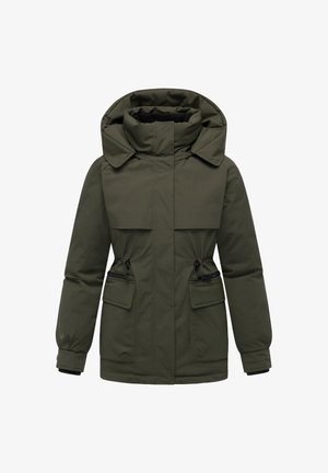 Veste isolante vert olive avec capuche, dotée de deux poches avant zippées et de cordons de serrage réglables à la taille. Design de col plat.