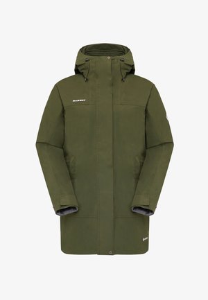 Olive green waterproof jacket with a hood, long sleeves, side pockets, and gray lining; features logo on the chest and sleeve.