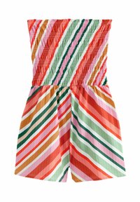 Gestreifter Jumpsuit mit vertikalen und diagonalen Linien in Orange, Pink, Grün und Weiß. Elastischer, geraffter Oberteil und lockere Shorts. Baumwollmischung.