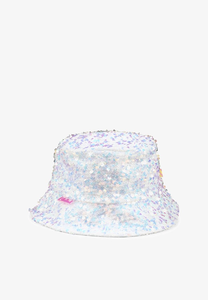 Chapeau seau en tissu à paillettes, avec un éclat holographique, des accents pastel violets et roses, et un logo de marque brodé sur le côté.