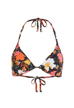 Bloemige bikini-top met driehoekige cups, zwarte achtergrond, meerkleuren bloemen in roze, oranje en geel. Touwtjes aan de nek en rug.