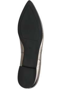 Metallic silver high heel shoe with a pointed toe, smooth upper texture, and a black rubber sole featuring minimal branding.