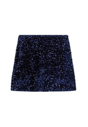 Marineblå mini nederdel dækket af pailletter, med en struktureret form og glat tekstur, designet til en tætsiddende pasform.