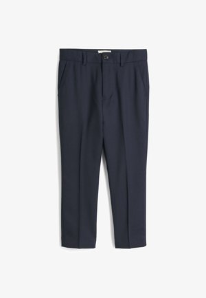 Tumed sinine kohandatud püksid siledast kangast, millel on küljetaskud, eesne nuppude sulgemine ja sirge sääre disain.